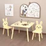Kids Table and Chair Set with 2 Bunny Chairs, Children's Wooden Activity Table for Toddlers, Cute Animal Design Study Play Set for Playroom, Bedroom, Classroom - Cream Yellow - Image 4