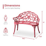 Outdoor Cast Aluminum Patio Bench, Porch Bench Chair with Curved Legs Rose Pattern, Red - Image 8