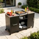 59 Inch Multi-Use Outdoor BBQ Grill Prep Table with Removable Storage Shelves, 8 Rolling Lockable Wheels Heavy Duty Metal Grill Cart Stainless Steel Countertop Ventilated Cabinet 880 LBS Total Capacity Black Silver - Image 11