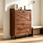2-Drawer Top Enclosure Barn Door Shoe Cabinet Melamine Board Embossed MDF Shoe Cabinet 31.61*9.45*39.37in Walnut