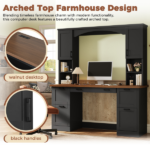 Farmhouse Arched Computer Desk with Hutch, Mid-Century Walnut Home Office Workstation with Charging Station & Keyboard Tray, All-in-One Writing Desk with File Drawer for Study, Office, Black - Image 13