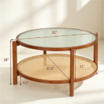 Walnut Boho 2‑Tier Round Coffee Table, PE Rattan Accent Side Table with Tempered Glass Top, Solid Acacia Wood Center Table with Storage Shelf for Living Room Apartment Balcony - Image 6