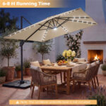 10x10 Ft Beige Solar LED Cantilever Patio Umbrella 360° Rotation Offset Hanging Umbrella with Lights - Image 9