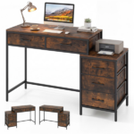 5 Drawer Computer Desk with Reversible Drawers & Printer Shelf, Industrial Home Office Writing Desk with Metal Frame - Rustic Brown - Image 5