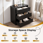 Handleless Grille-Finished 3-Drawer Bedside Table P2 Particleboard + MDF & Melamine Veneer + Thermoformed Drawer Cabinet 23.62*12.99*22.05in Black - Image 11