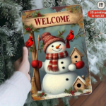 CIFbuy Vintage Metal Snowman Welcome Sign, Rustic Winter Wall Decor With Cardinal Birds & Holly, 2D Flat Red White Green Christmas Plaq TikTok, TikTok, rdinal Self-pickup Logiopics - Image 2