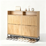 (Do Not Sale on Amazon) 4-Compartment Flip-Up Drawer Shoe Cabinet with Grilles and 2 Drawers LED Light Strip Iron Legs Particleboard Cabinet Body MDF Grille Door Iron Legs Shoe Cabinet 47.24*9.45*44.65in Oak - Image 2