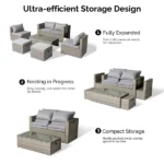 2pcs armless sofa + 2pcs footstool + 1pcs double sofa + 1pcs coffee table with storage, gray gradient rattan, gray cushion, rattan multi-piece set - Image 9
