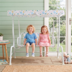 2-Seater Kids Patio Swing with Adjustable Canopy & Safety Belts Outdoor Toddler Swing Bench - White - Image 7