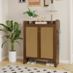 42.5" Tall Rattan Shoe Cabinet with Doors, 6-Tier Wooden Freestanding Shoe Storage Organizer with Adjustable Shelves, Mid-Century Entryway Shoe Cabinet for Hallway & Living Room--Walnut - Image 14