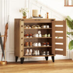24" Farmhouse Shoe Cabinet with 2 Louvered Doors - 4-Tier Shelves, 3 Adjustable Layers (Natural Wood Grain) - Image 4