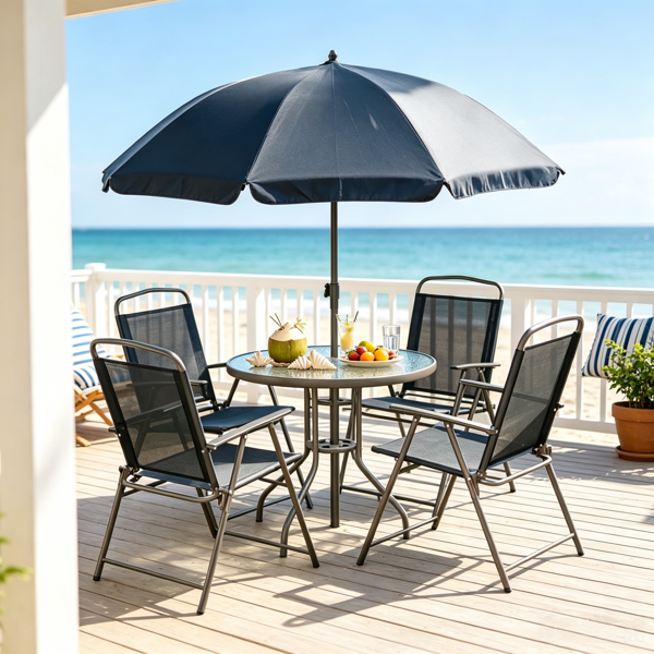 Black & Coffee 6-Piece Patio Dining Set for 4 – Complete with Umbrella, Round Glass Table & 4 Folding Chairs
