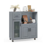 Gray Kitchen Island Cart with Microwave Shelf, Drawer & 2-Door Cabinet, 360° Swivel Casters - Image 6