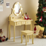Kids Vanity Set with Mirror and Lights and Stool, 5 Storage Drawers, Pretend Play Princess Makeup Desk Dressing Table and Stool Set for Little Girls Age 3+, Macaroon Orange - Image 6