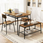 Brown+Black 4-Piece Dining Table Set with Bench & 2 Chairs, Space-Saving Tuck-under Design - Image 2