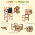 3-in-1 Convertible Toddler Learning Tower Step Stool with Chalkboard, Poplar Wood Flip Design Weaning Table Stool Set Anti-Tip Safety Guardrail 110 LBS Load for Kids 18+ Months Cat Pattern - Image 6