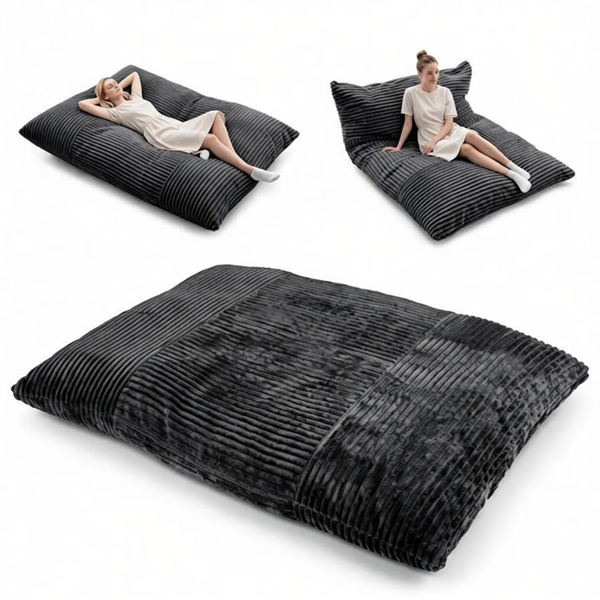 Dark Gray Convertible Corduroy Bean Bag Floor Sofa for Adults, 76.5x55 Inch Sponge Filling Foldable Floor Mattress Guest Bed, Removable Washable Cover Large Lazy Lounger