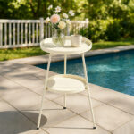 Patio Small Side Table, Round 2 Tier End Table, Metal Round Coffee Table for Indoor Outdoor, Cream White - Image 6