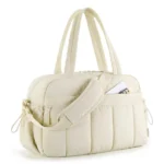 Beige large capacity stitched fluffy shoulder bag, waterproof portable luggage tote bag, multi zipper pocket design, sports and fitness travel handbag