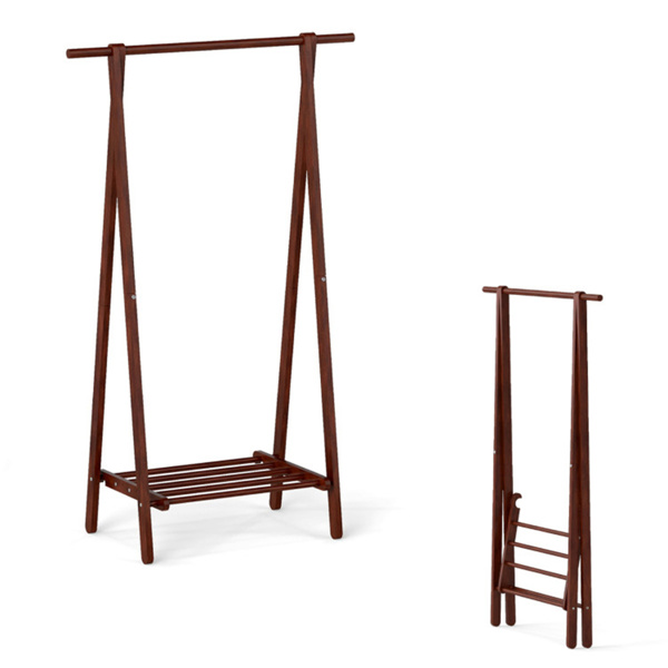 Solid Rubber Wood Folding Coat Rack, A-Frame Standing Clothes Rack with Bottom Storage Shelf