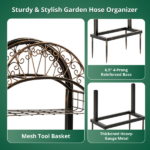Garden Hose Holder, Water Hose Holder Stand with Storage Basket, Heavy Duty Freestanding Garden Hose Hanger Storage Rack with 4 Spikes for Outside Yard Lawn Farm, Bronze - Image 2