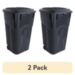 (2 pack)32 Gallon Wheeled Heavy Duty Plastic Garbage Can, Attached Lid, Black