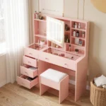 LED Tri-Color Lighting Dressing Table Set Particleboard with Textured Melamine Finish Dressing Table with Power Strip 5-Drawer Dressing Table with Shelves and Hooks 47.24*15.75*53.54in Apple Pink - Image 10