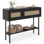 Black Rattan Console Table with Storage Cabinets & Open Shelf, 40 Inch Entryway Table with Sturdy Carbon Steel Frame for Living Room, Hallway, Sofa Table - Image 2