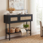 Black Rattan Console Table with Storage Cabinets & Open Shelf, 40 Inch Entryway Table with Sturdy Carbon Steel Frame for Living Room, Hallway, Sofa Table - Image 3