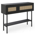 Black Rattan Console Table with Storage Cabinets & Open Shelf, 40 Inch Entryway Table with Sturdy Carbon Steel Frame for Living Room, Hallway, Sofa Table - Image 5