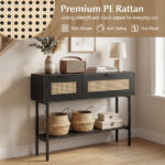 Black Rattan Console Table with Storage Cabinets & Open Shelf, 40 Inch Entryway Table with Sturdy Carbon Steel Frame for Living Room, Hallway, Sofa Table - Image 7