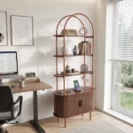 Arched Ceiling + 4-Layer Open Shelving + Double-Door Roller Shutter Display Case Locker with Black US Standard Socket (1USB+1Type-C) & Particleboard Melamine Veneer & Painted Iron Pipe 31.5*13.78*70.87in Walnut - Image 12