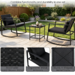 3-Piece Outdoor Wicker Rocking Chair Set, Patio Conversation Furniture with Tempered Glass Side Table & Washable Cushions for Garden Backyard Poolside - Black - Image 9
