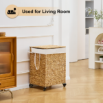 100L 2-Section Laundry Hamper with Lid and Wheels, Woven Natural Water Hyacinth Rolling Laundry Hamper - Image 8
