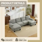 U-Shaped Convertible Sectional Sofa with 2 Short Chaise Lounges, 4-Seater Modular Chenille Fabric Couch with Plastic Legs, 111.4" L x 48.4" D x 33.1" H Indoor Living Room Combination Sofa, Grey Blue - Image 3
