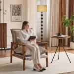 Cloud Shaped Indoor Leisure Chair with Solid Wood Armrest, Metal Frame, Chenille Fabric Accent Chair with Lumbar Pillow, Single Sofa Chair Khaki - Image 18