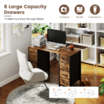 47 Inch Computer Desk with 8 Fabric Drawer, Home Office Desk with Power Outlets, Large Storage,Rust - Image 5