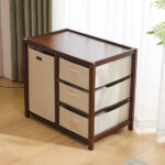 Brown painted pine wood frame children's bed with removable top, 87*53*87.5cm, includes 3 fabric drawers and 1 fabric bag, and a changing table - Image 30