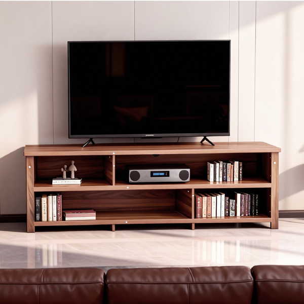 Dark Brown Particle Board TV Stand, 70.07"×15.75"×24.4" Double Layer Entertainment Center with Open Storage Shelves, Modern TV Console for Living Room & Bedroom