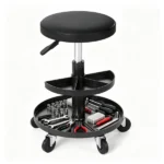 Black Adjustable Rolling Mechanic Stool with 2-Tier Tool Storage Trays, PU Leather Pneumatic Height Adjustable Workshop Seat with 5 Casters Holds 265LBS for Garage Repair - Image 2