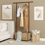 2-in-1 Bamboo Clothing Rack with Rolling Wheels & 60L Storage Basket - Brown - Image 4