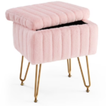 Square Ottoman with Storage, Makeup Cute Soft Small Footstool, Modern Style Faux Fur Seat with 4 Metal Legs & Adjustable Feet for Dressing, Living Room Bedroom Dorm, Pink