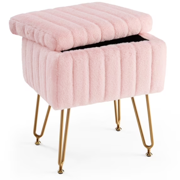 Square Ottoman with Storage, Makeup Cute Soft Small Footstool, Modern Style Faux Fur Seat with 4 Metal Legs & Adjustable Feet for Dressing, Living Room Bedroom Dorm, Pink