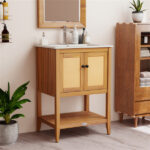 2-Door Rattan Bathroom Vanity, Acacia Wood Cabinet with Ceramic Sink (White + Natural)​ - Image 2