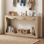 63" Narrow Console Table with Wavy Hollow Design, 2-Tier Extra Long Entryway Table with Storage Shelf - Natural - Image 9