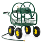 Heavy Duty Garden Hose Reel Cart with 10" Pneumatic Wheels, Large Capacity Hose Winder with Storage Basket & Brass Fittings -Green - Image 6
