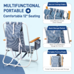 4-Position Adjustable Backpack Beach Chair, Foldable Rustproof Aluminum Frame Lounge Chair with Wooden Armrest, Side Storage Pockets & Detachable Pillow, 24"×22"×37" Outdoor Patio Camping Lawn Chair Holds up to 265 LBS, Blue White Vertical Stripe - Image 7