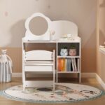 Kids Vanity Table with Mirror and Chair, Wooden Children's Dressing Makeup Desk with Storage Shelves, Study and Activity Table for Girls and Boys, Playroom Bedroom Furniture - White - Image 3