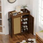 42.5" Tall Rattan Shoe Cabinet with Doors, 6-Tier Wooden Freestanding Shoe Storage Organizer with Adjustable Shelves, Mid-Century Entryway Shoe Cabinet for Hallway & Living Room--Walnut - Image 17