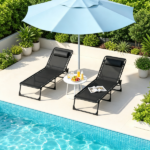 Black 2 Folding Chaise Lounge Pool Chairs – for Poolside Tanning, Pillow, Breathable Mesh - Image 7